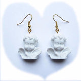 Kitch Quirky Winged Classic Cherub Statue Resin Drop Earrings – White