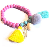 Fun Pastel Brights Pom Pom Tassels Charms Bead Bracelet