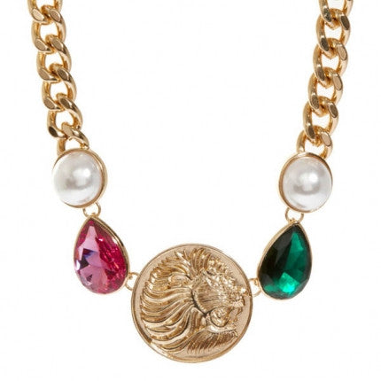 Gold Lion Head Emblem Gem and Pearls Chunky Chain Necklace