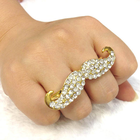 Gold Tone Diamante Moustache Double Finger Ring