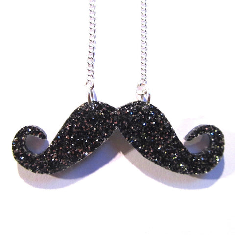 Funky Black and Silver Glitter Moustache Acrylic Necklace