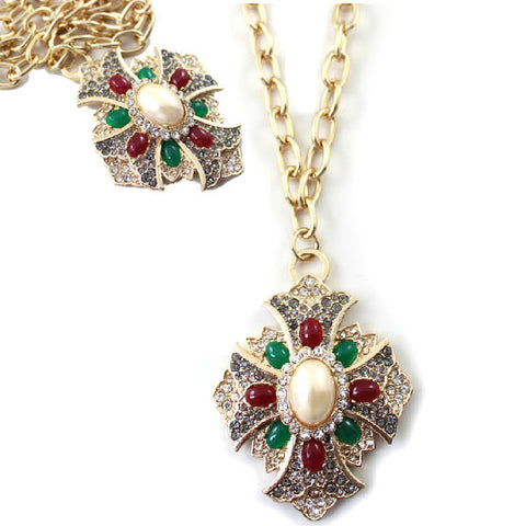 Large Ornate Statement Jewel Studded Stylised Cross Necklace