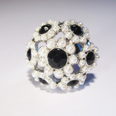 Pretty Faux Pearl and Sapphire Silver Tone Flower Ring