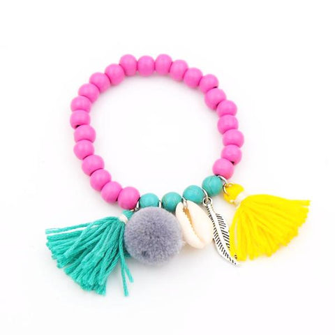 Fun Pastel Brights Pom Pom Tassels Charms Bead Bracelet