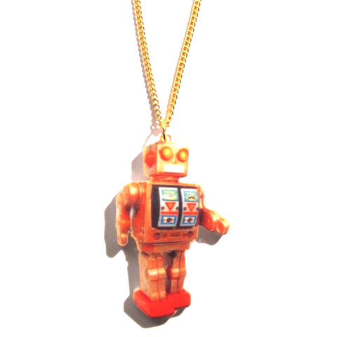 Retro Mr D-Cell Tin Robot Print Necklace