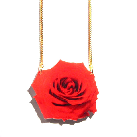 Gorgeous Large Red Rose Print Acrylic Necklace