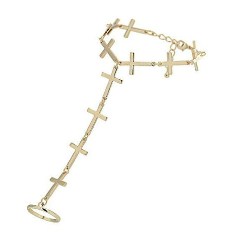 Silver Crosses Hand Harness Ring Bracelet