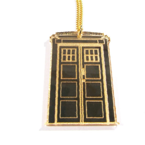 Large Gold Mirror Doctor Who Style TARDIS Pendant Necklace