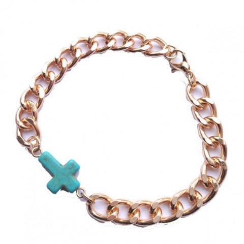Turquoise Cross Gold Chain Bracelet
