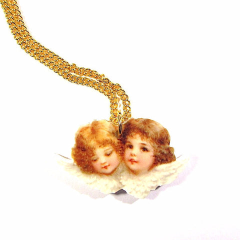 Vintage Style Winged Double Angel Faces Pendant