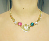 Golden Lion Head Gem and Pearls Chunky Chain Necklace